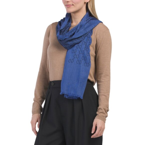 GUCCI Blue Made In Italy Wool And Silk Blend Luxury Scarf - Picture 1 of 2